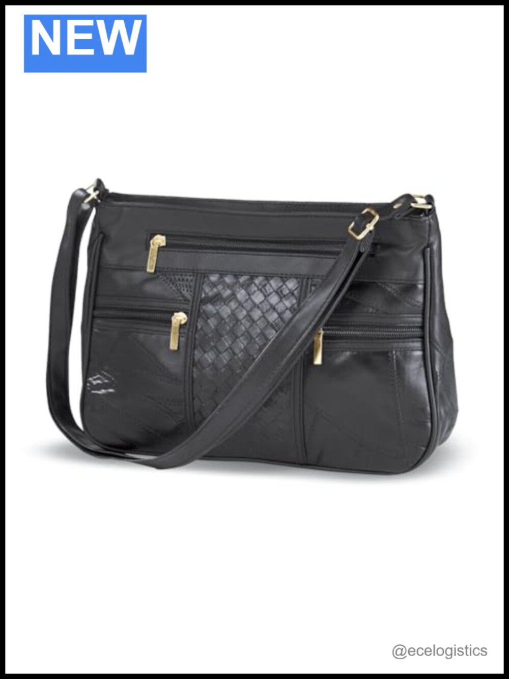 Genuine Leather Shoulder Bag Saddle Basketweave Zip Pockets Adjustable Strap